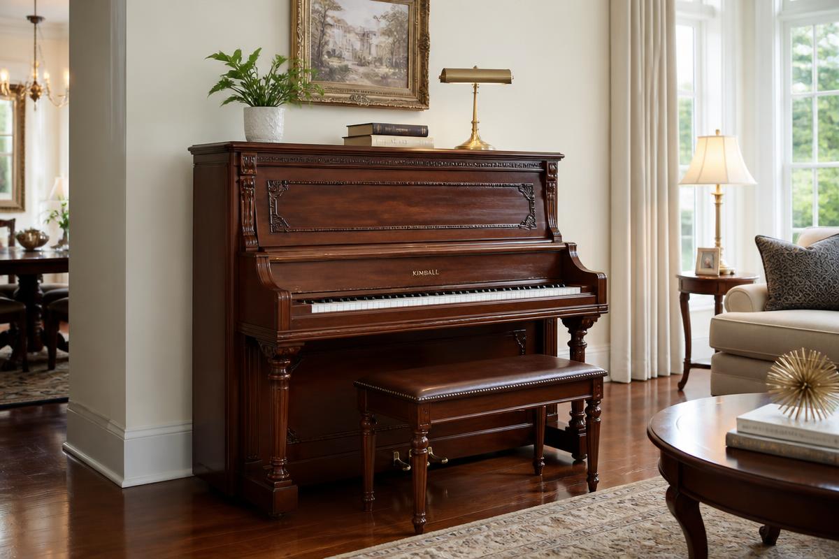 Restored upright piano in a North Texas living room